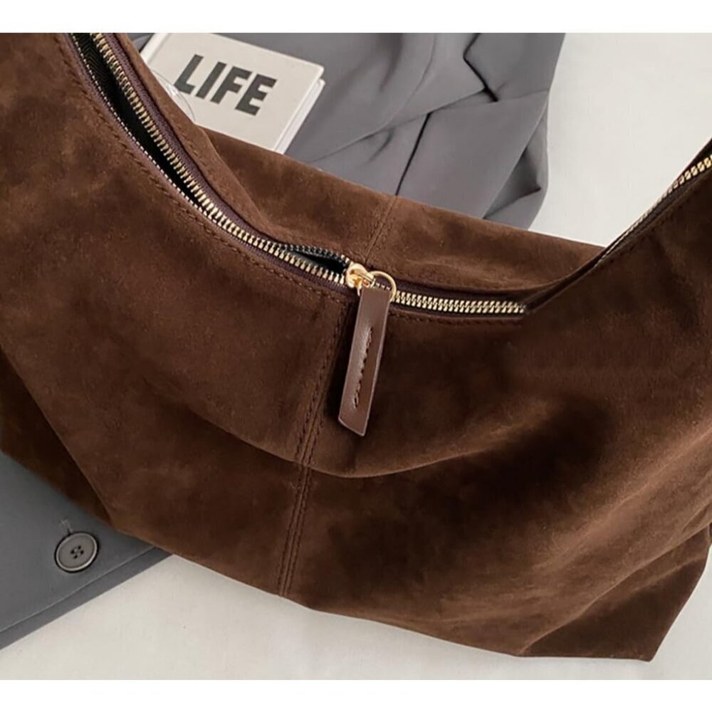 Women Coffee Faux Suede Winter Lightweight Hobo Work Shoulder Purses Bags - Picture 7 of 7